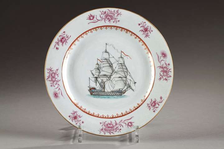 Famille rose porcelain plate with a ship